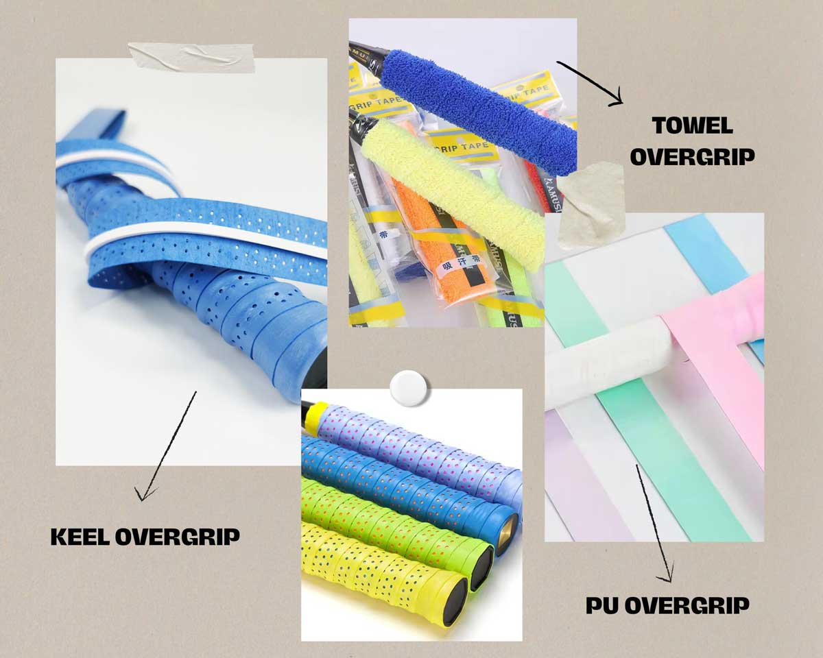 Three-mainstream-racket-overgrip-types-display-–-flat-PU-grip,-keel-grip,-absorbent-towel-grip-for-tennis-badminton-pickleball